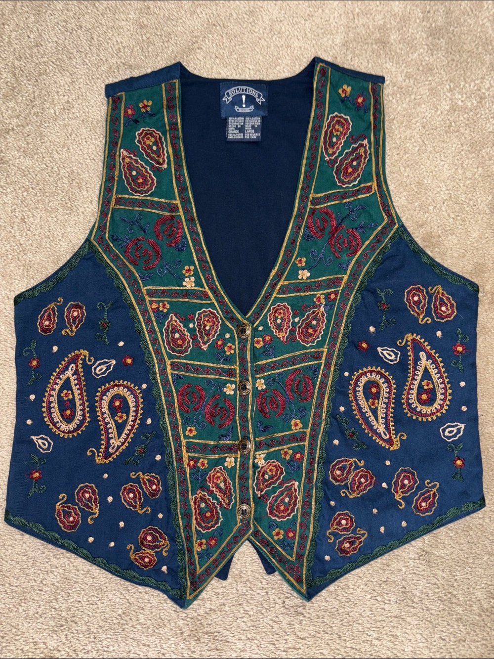 Solutions Vintage Women’s Embroidered Paisley Navy Vest Size L
